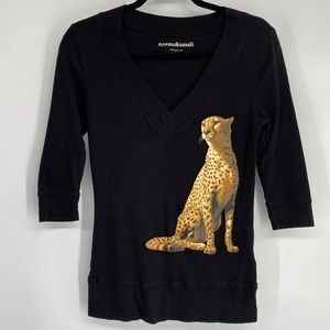 Norma Kamali Black V-Neck Top with Leopard Print